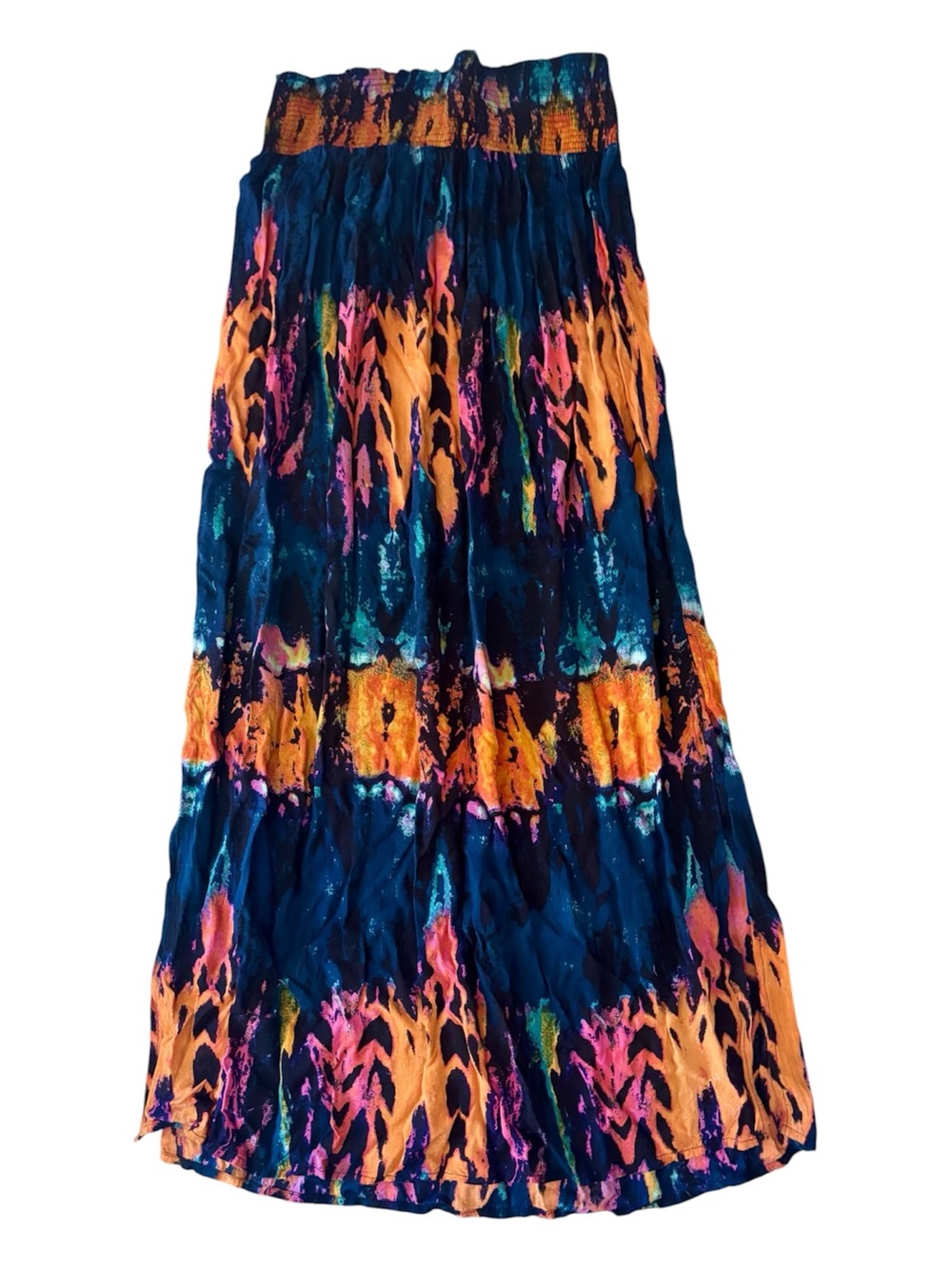 Neiman Marcus Navy Maxi Skirt with Orange and Pink Tie-Dye, Side Slits, NWOT